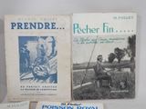 three books are sitting on a table with a man holding a fishing rod