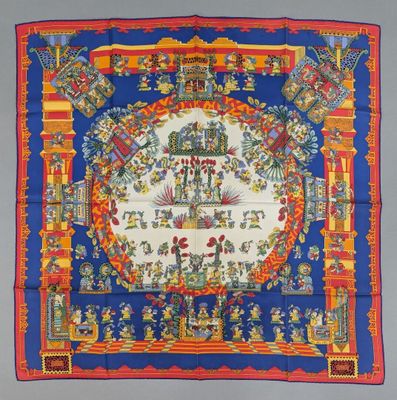 an image of a blue and red tapestry with a picture of people on it