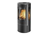 a black stove with a fire inside of it on a white background