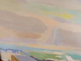 un tableau représentant une personne tenant une planche de surf sur une plage