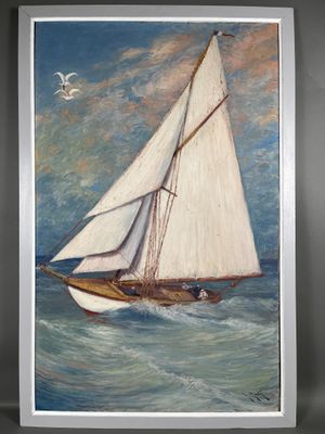 painting of a sailboat in the ocean with a seagull in the background