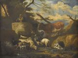 tableau représentant un groupe d'animaux dans un paysage boisé, avec un homme à cheval