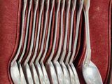 several spoons and forks in a red case on a table
