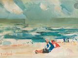un tableau représentant deux personnes sur la plage, au bord de l'eau