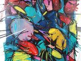 peinture abstraite représentant des oiseaux colorés sur fond blanc