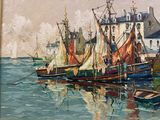 peinture de bateaux dans un port avec un château en arrière-plan