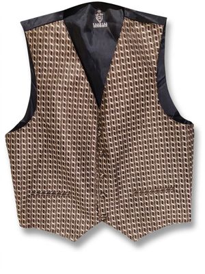 a brown vest with black trimming and a black collar
