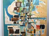 an abstract painting of a city with lots of buildings on it