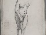 un vieux dessin représentant une femme debout devant un mur
