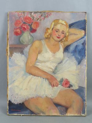 tableau représentant une femme en robe blanche assise sur un canapé bleu
