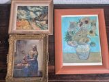 three framed pictures of sunflowers in a vase on a table