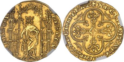 a gold coin with an image of a man holding a cross