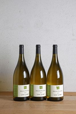 trois bouteilles de vin posées sur une table en bois à côté d'une bouteille de vin