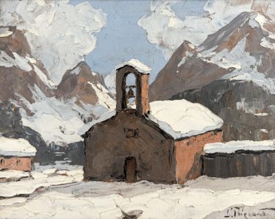 painting of a church in the snow with mountains in the background
