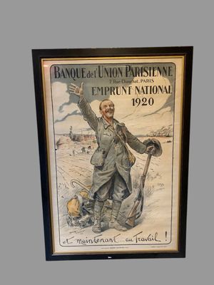 tableau représentant un homme tenant une pelle dans la main droite et pointant le ciel du doigt