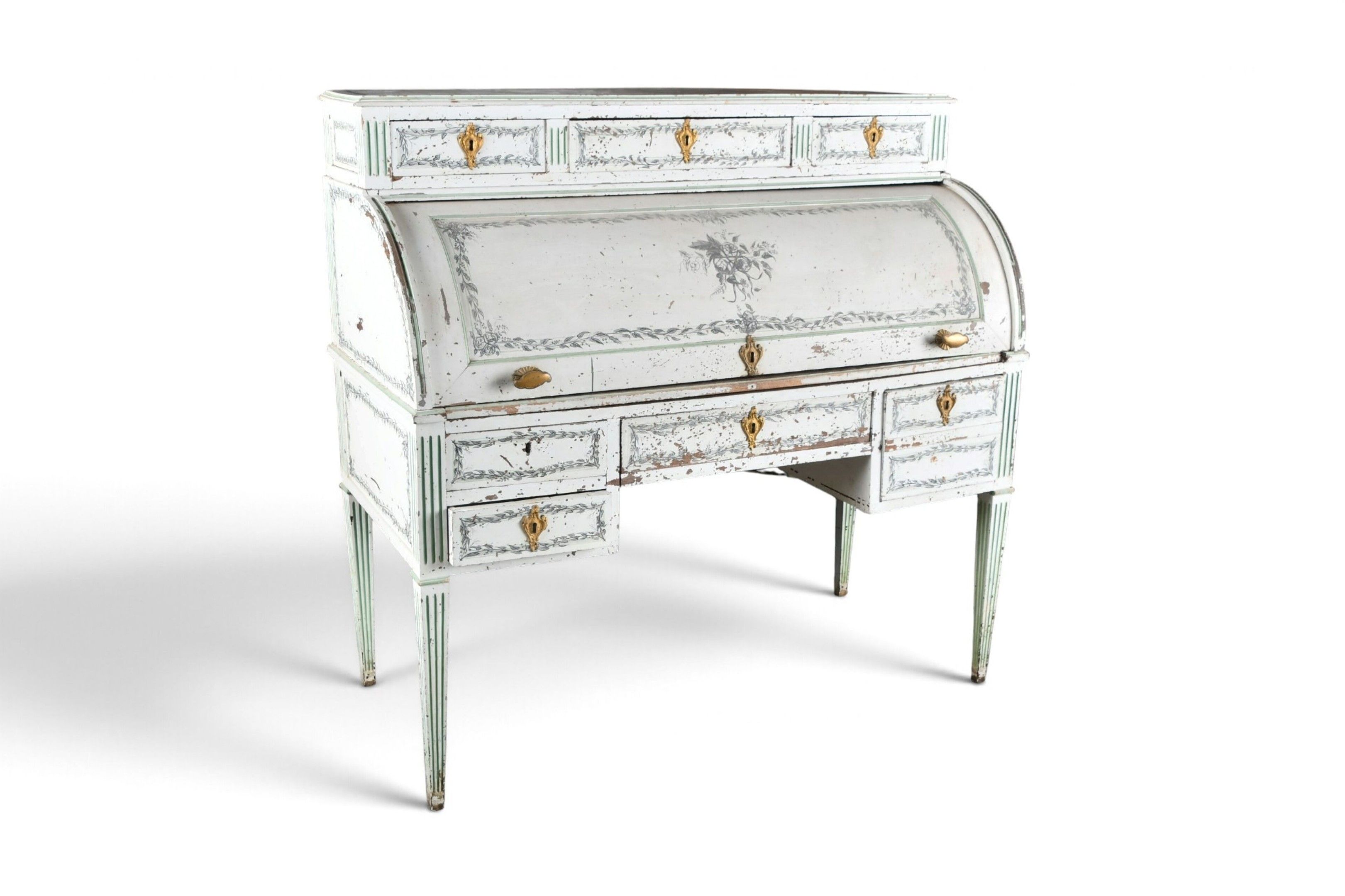 SECRETAIRE à cylindre à décor relaqué crème à rechampis vert…