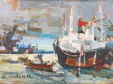 a painting of a boat in the water with other boats in the water