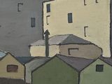 a painting of a cityscape with buildings in the background
