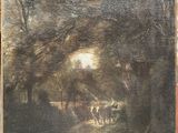 an old painting of sheep in a wooded area with a house in the background