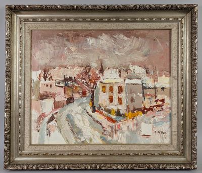 an image of a painting of a house in the snow