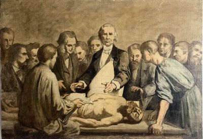 tableau représentant un homme allongé sur un lit, entouré d'un groupe de personnes