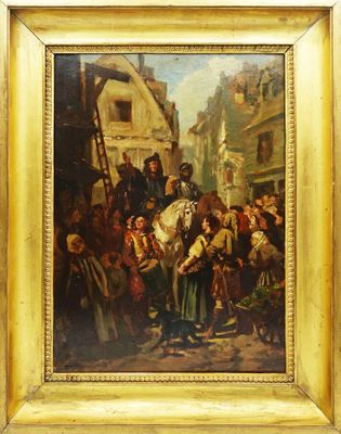 tableau représentant un tableau dans lequel figure un groupe de personnes dans une rue