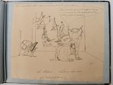 an old book with a drawing of a man and a woman sitting at a table