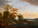 un tableau représentant un paysage fluvial avec des personnages et des chevaux