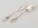 two forks and spoons with labels on them sitting on a table