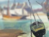 two boats that are sitting on the sand by the water