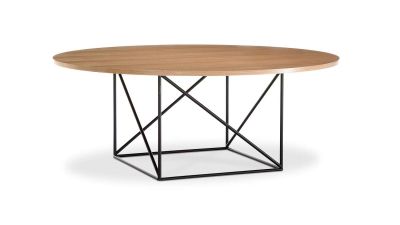 a round wooden table with a metal base and a wooden top