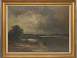 an image of a painting of a lake with a boat in the foreground