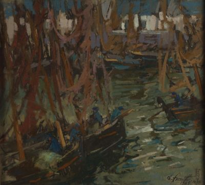 an oil painting of a harbor scene with boats in the water and buildings in the background