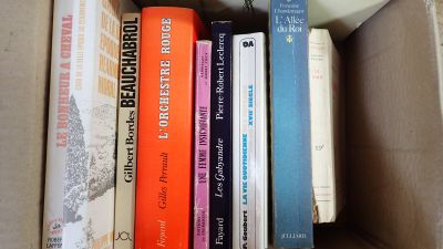 plusieurs livres superposés dans une boîte