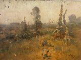 an oil painting of a field with trees in the distance