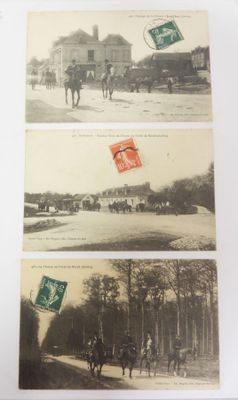 several old photos of people riding horses and horses on a street