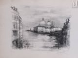 drawing of a view of a city with a boat in the water
