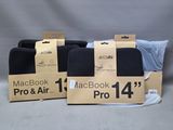 trois étuis pour MacBook Pro et MacBook Air dans une boîte, sur fond gris
