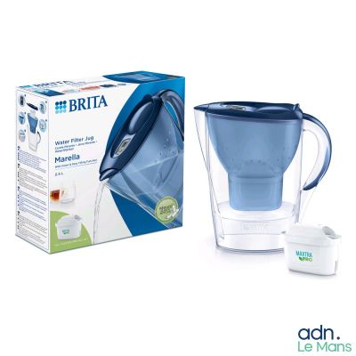 a blue pitcher and a box of water on a white background