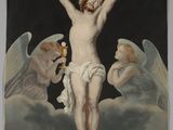 an image of a painting of jesus on the cross with angels