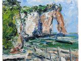 une peinture représentant une peinture d'une formation rocheuse près de l'océan