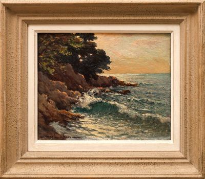 an image of a painting of a beach scene in a frame