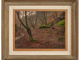 a painting of a wooded scene with trees and rocks