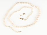a white pearl necklace with a gold clasp and a pair of earrings