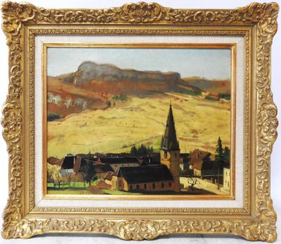 an oil painting of a village with a church and a mountain in the background