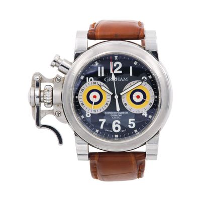a close up of a watch on a white background with a brown strap