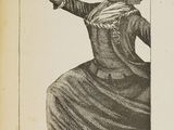 an old book with a drawing of a woman in a dress holding a knife