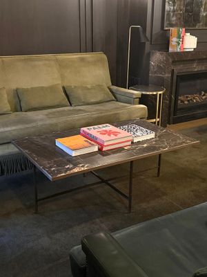 a couch and a table in a room with a fireplace