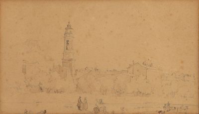 drawing of a view of a town with a clock tower in the distance