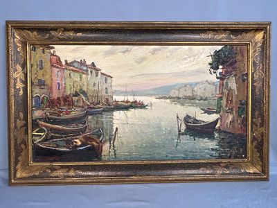an oil painting of boats in a harbor with buildings in the background